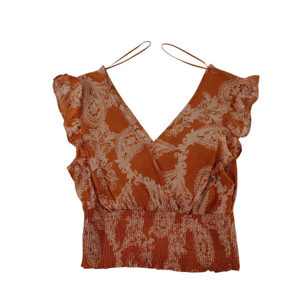Paper Crane Rust Orange Paisley Smocked Crop Top Ruffle Sleeves Size S NWOT